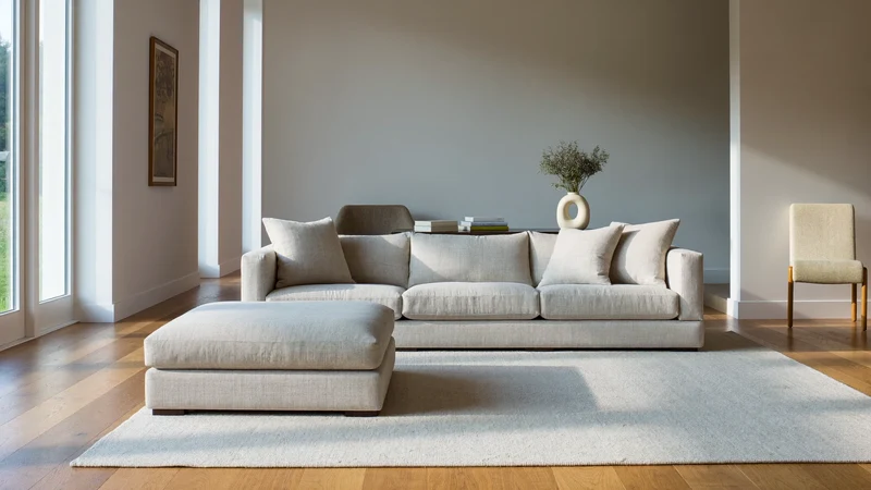 Lyst nordisk opholdsrum med linnedsofa, egetræsgulv og dagslys fra et højt vindue