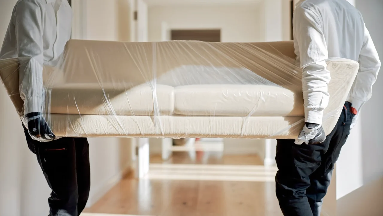 To personer bærer en indpakket sofa gennem en lys gang under installation