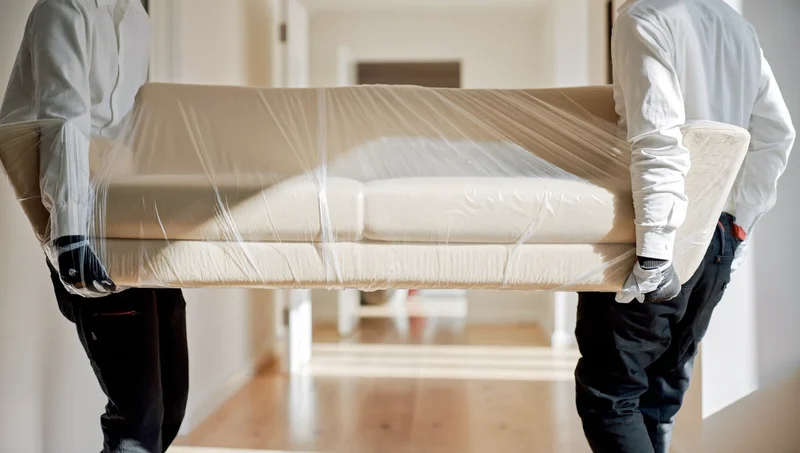 To personer bærer en indpakket sofa gennem en lys gang under installation